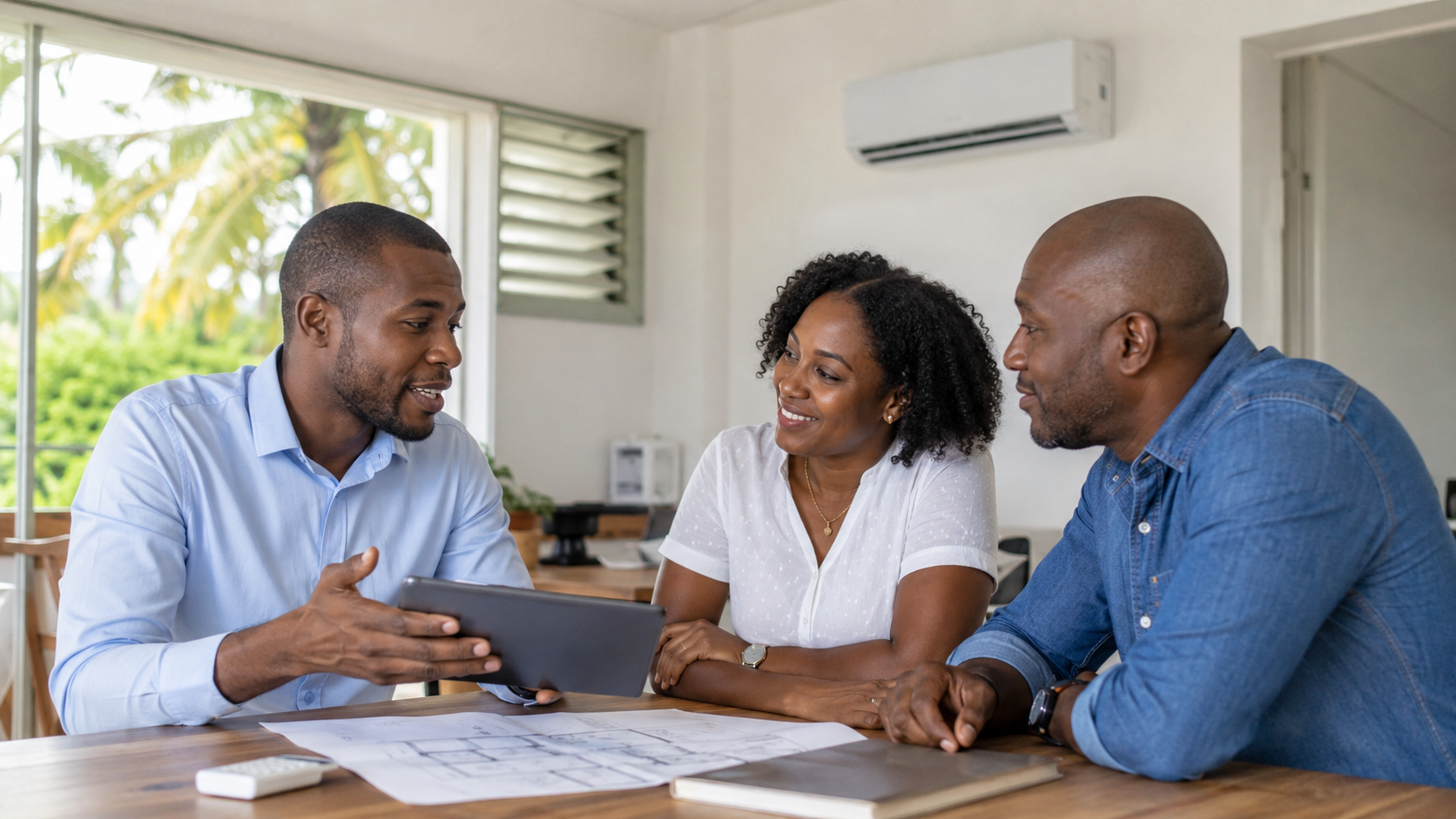 Conseiller Le Comptoir de l'Énergie présentant un devis climatisation à un couple guadeloupéen