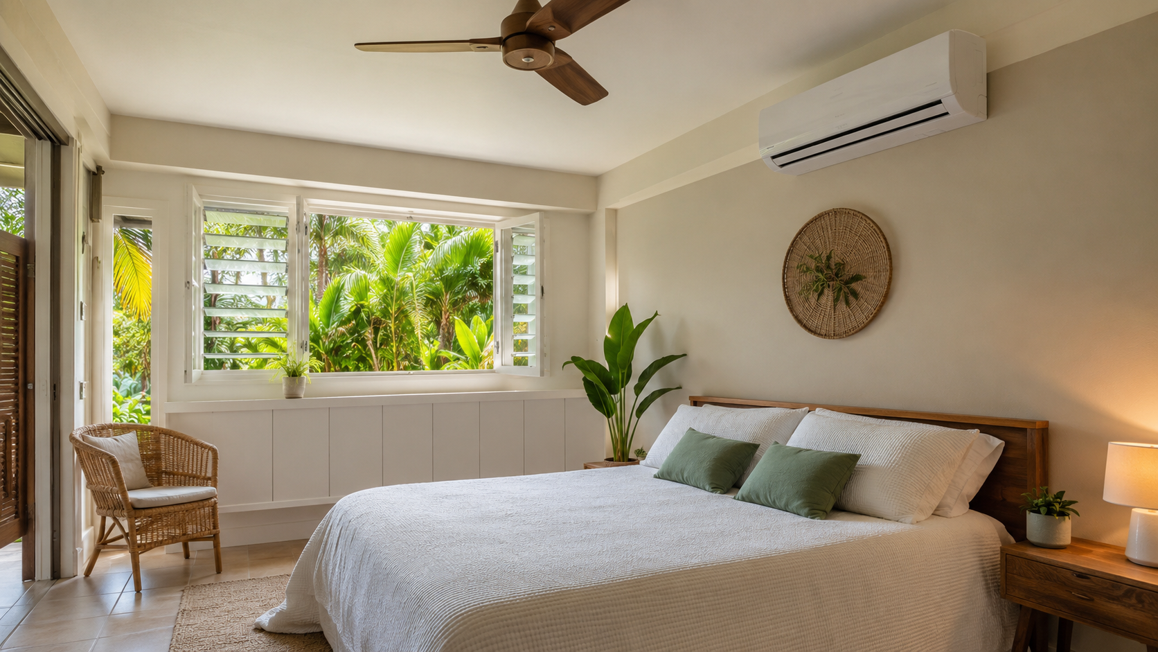 Chambre équipée d'un split mural et d'un brasseur d'air en Guadeloupe