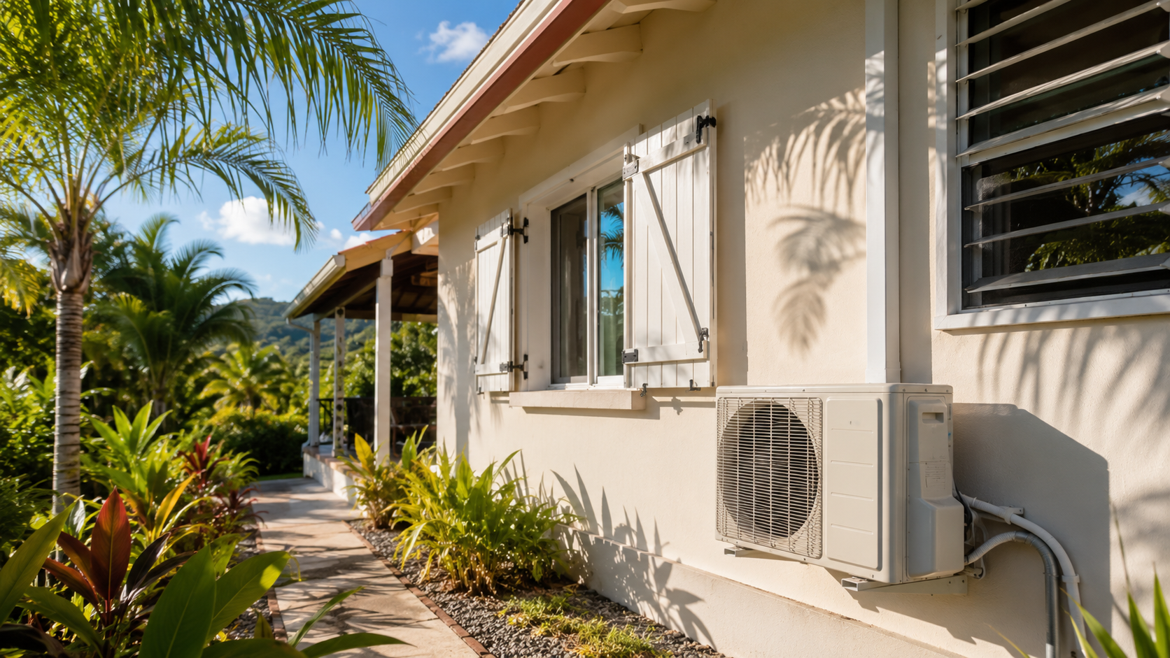 Unité extérieure de climatisation installée sur une case créole en Guadeloupe